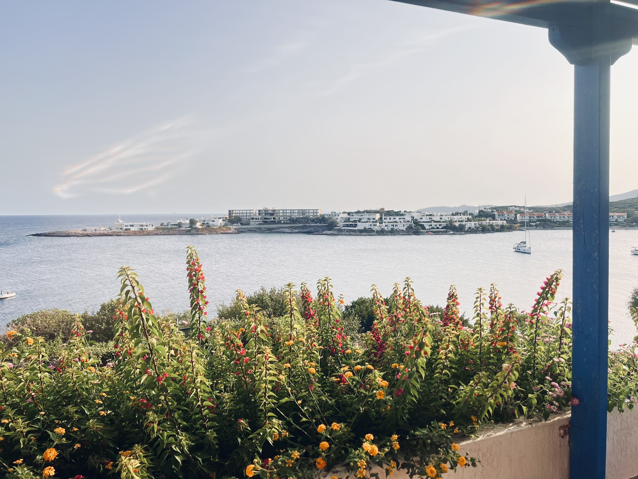 Panoramic view from the terrace across Pounta Zeza Bay